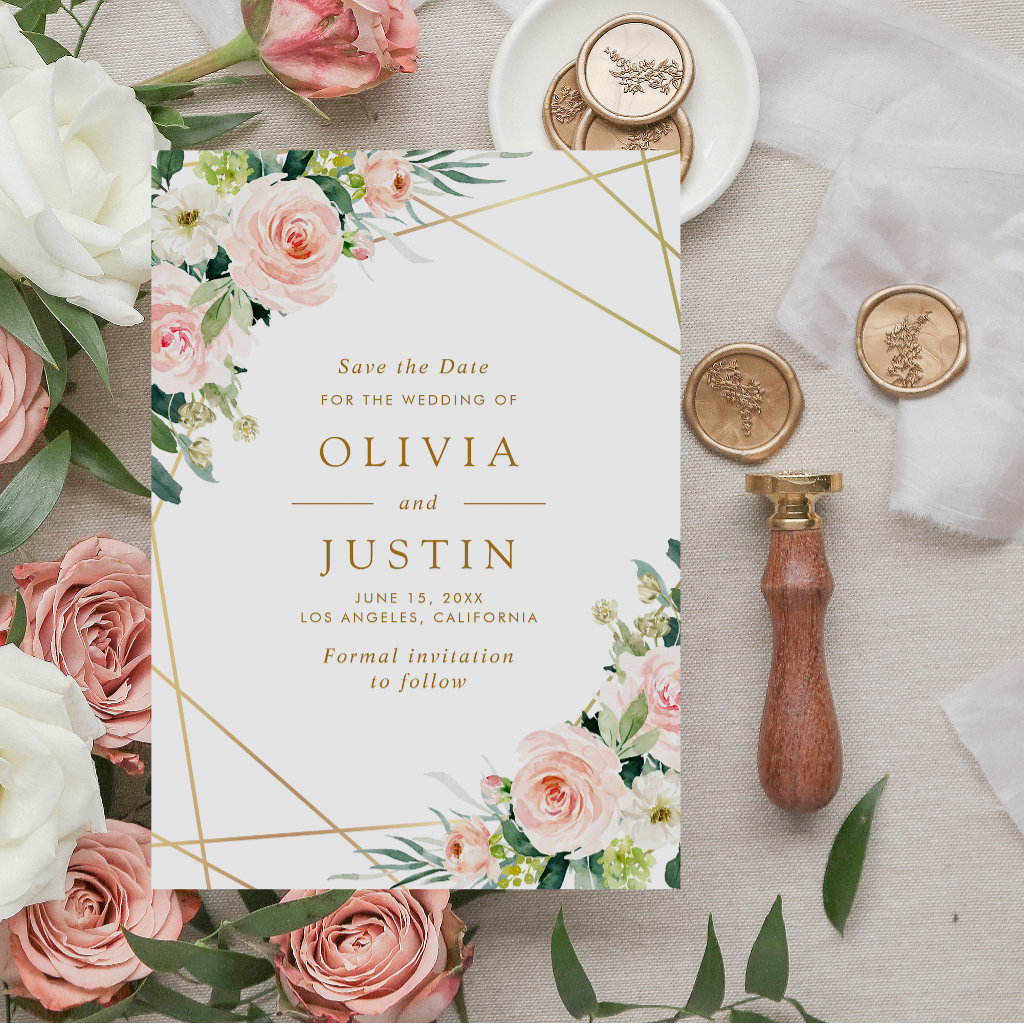 pink blush floral geometric save the date card