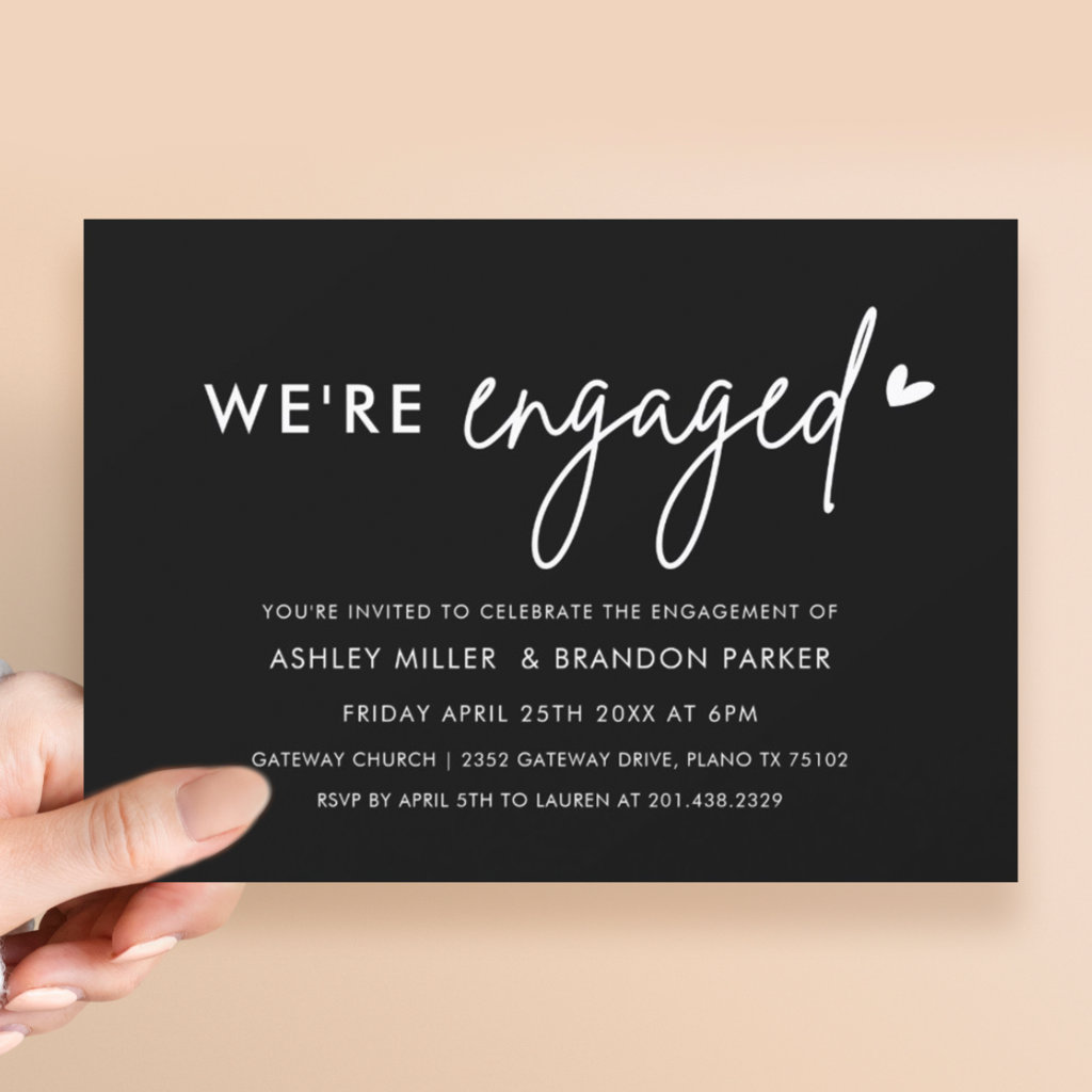 Black Simple We're Engaged Engagement Party Invitation