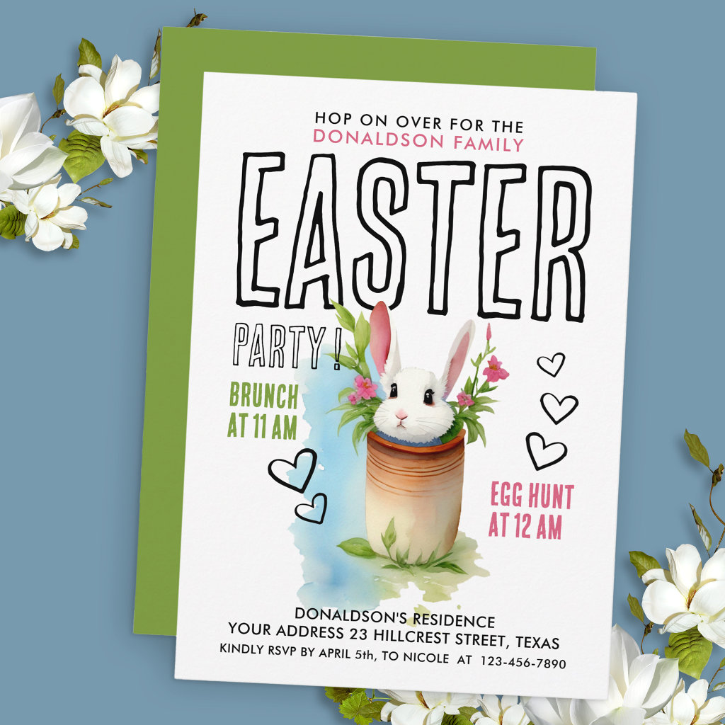 Cute Bunny Green Pink Easter Egg Hunt Watercolor Invitation