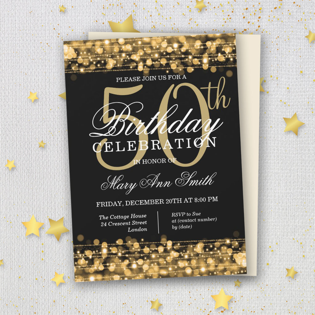 Elegant Gold & Black 50th Birthday Party Sparkles Invitation