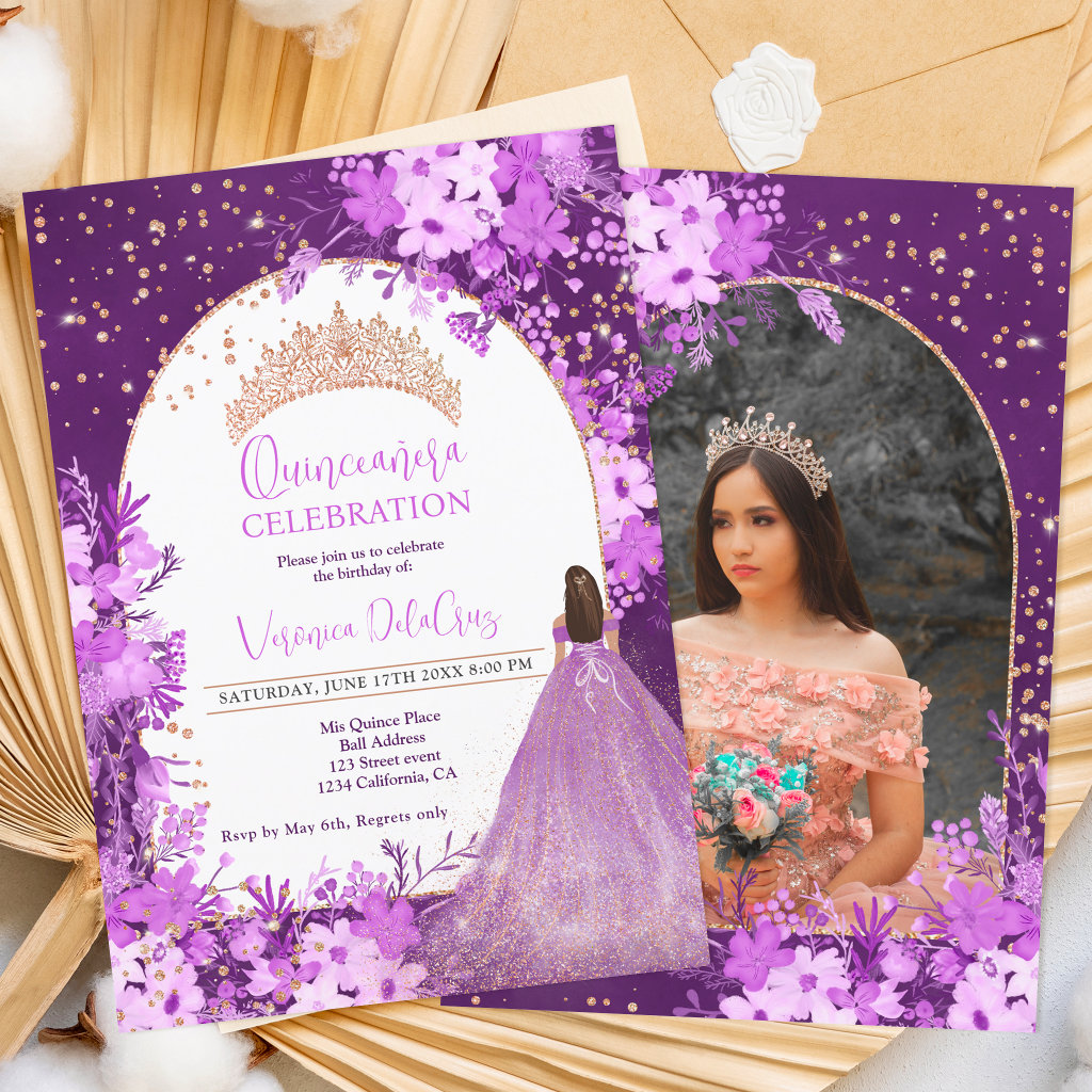 Rose gold purple floral tiara princess Quinceanera Invitation