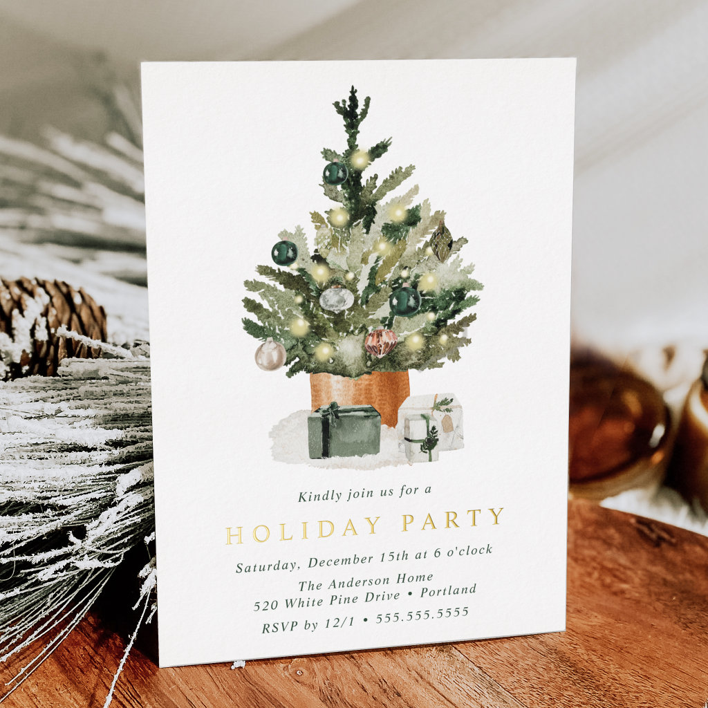 Elegant Watercolor Christmas Tree Holiday Party Foil Invitation