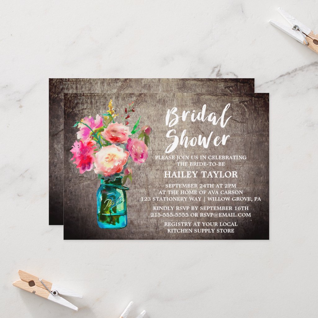 Rustic Mason Jar with Flower Bouquet Bridal Shower Invitation