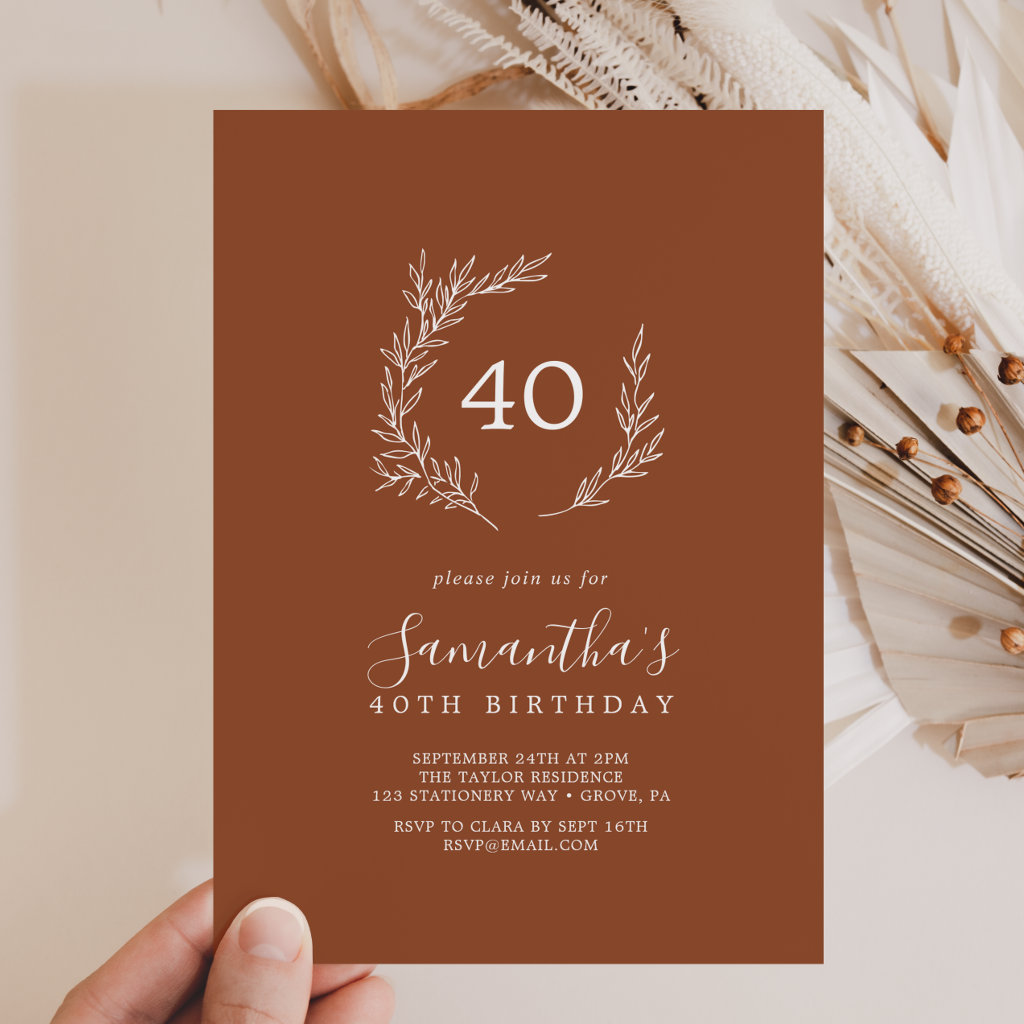 Minimal Leaf | Terracotta 40th Birthday Invitation