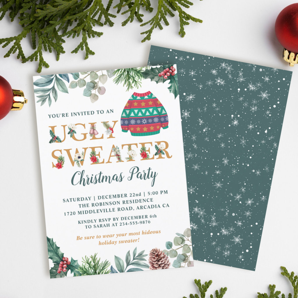 Watercolor Greenery Ugly Sweater Christmas Party Invitation