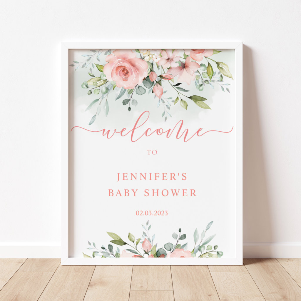 Watercolor pink floral baby shower welcome sign