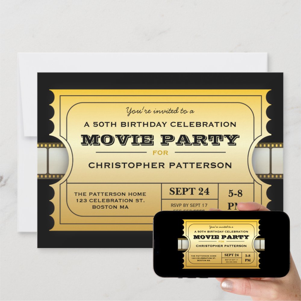 Movie Party Birthday Party Admission Gold Ticket Invitation